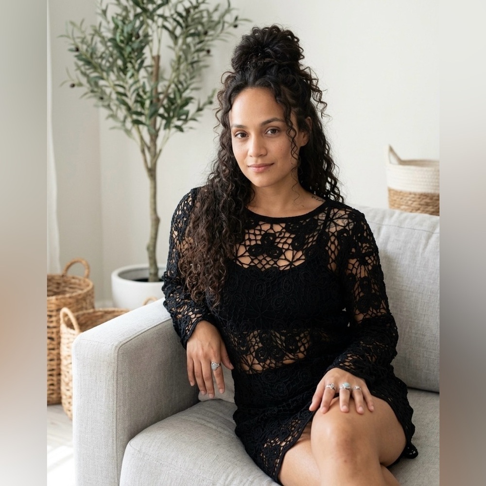 Black Crochet Lace Cover-Up Dress | Sheer Boho Tunic | Beach Resort Layer